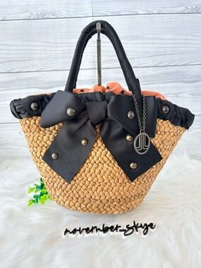 Lanvin‎ En Bleu Woven Straw Tote with Black Bow Accent